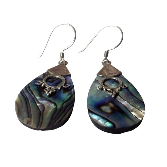 Sterling Silver 925 Abalone Shell Dangle Earrings Teardrop - Picture 3 of 8
